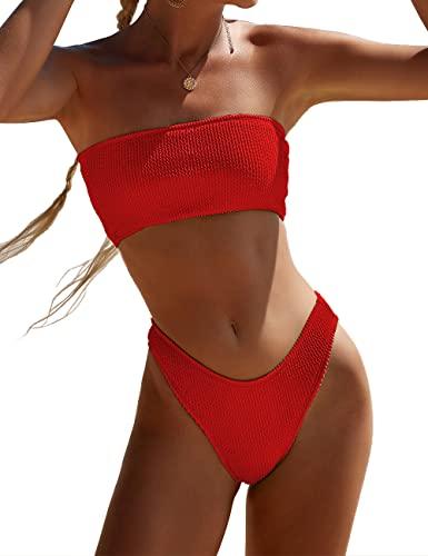 YIMISAN Women's Two Piece Bandeau Swimsuit Ribbed Strapless Tube Bikini Top with Mid Waist Cheeky Bottom Bathing Suit Red Small
