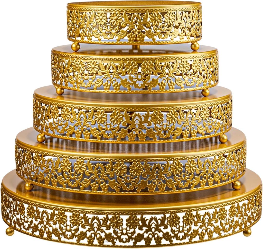 Wenqik 5 Pcs Metal Gold Cake Stand 16/14/12/10/8 Inch Round Cake Holder Display for Dessert Table Cookies Fruit Serving Tray Cupcake Pastry Riser for Wedding Birthday Party and Events