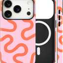 Magnetic for iPhone 17 Pro Case Cute Curved Stripes Phone Case, Shockproof Slim TPU and Hard PC Protective Phone Cover Compatible with MagSafe Designed for Women Girls,Pink