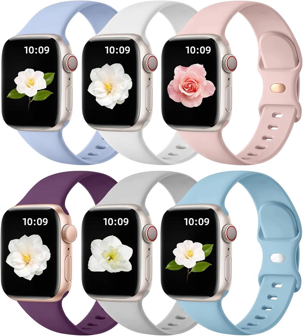 Maledan 6 Pack Bands Compatible for Apple Watch Band 38mm 40mm 41mm 42mm 44mm 45mm 46mm 49mm Women Men, Soft Silicone Sport Band Strap for iWatch Apple Watch Series 11 10 9 8 7 6 5 4 3 2 1 SE Ultra (Gray/ Lake Blue/ Plum/ Pink Sand/ Lilac/ White)