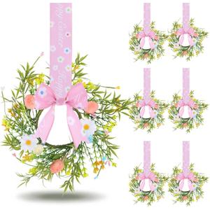 6 Pcs Easter Kitchen Cabinet Wreaths, 8.6" DIY Mini Spring Artificial Flower Easter Egg Wreath with Ribbon for Window Front Door Table Centerpiece Decor