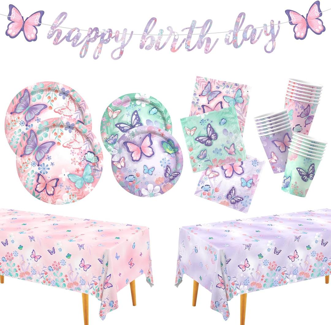 Butterfly Birthday Party Supplies Set - Includes Disposable Plates, Cups, Napkins, Tablecloth, and Banner | Butterfly Party Decorations for Girls Birthday Celebration, Serve 24