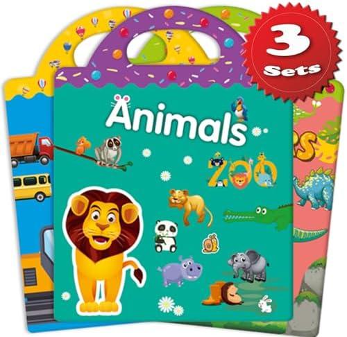Reusable Sticker Books for Toddlers Kids Age 3+, Toddler Toys,  Sets Sticker Books Learning Activities, Kids Learning Toys, Travel Toys Gifts - Animals, Dinosaurs and Vehicles 2 Packs