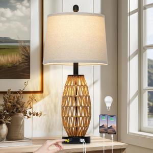 CINSARY 27" Boho Rattan Table Lamp with Night Light, Wicker Bedside Lamp with USB A+C Charging Port, Woven Coastal Bedroom Lamps for Nightstand, Tall Farmhouse Lamps for Living Room Single
