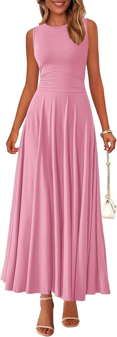 PRETTYGARDEN Womens Summer Dresses 2026 Casual Sleeveless Crewneck Aline Maxi Dress Stretch Tank Flowy Long Dresses (Small, Pink)