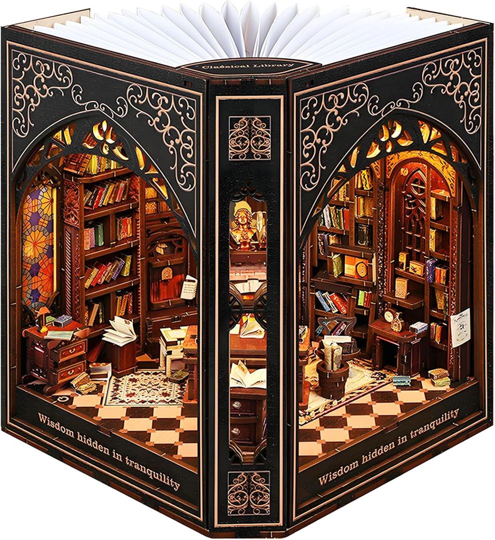 Book Nook Kit with Nightlight  Type-C and Battery Powered DIY Bookshelf Decor, Perfect for Home and Office GiftClassical Library