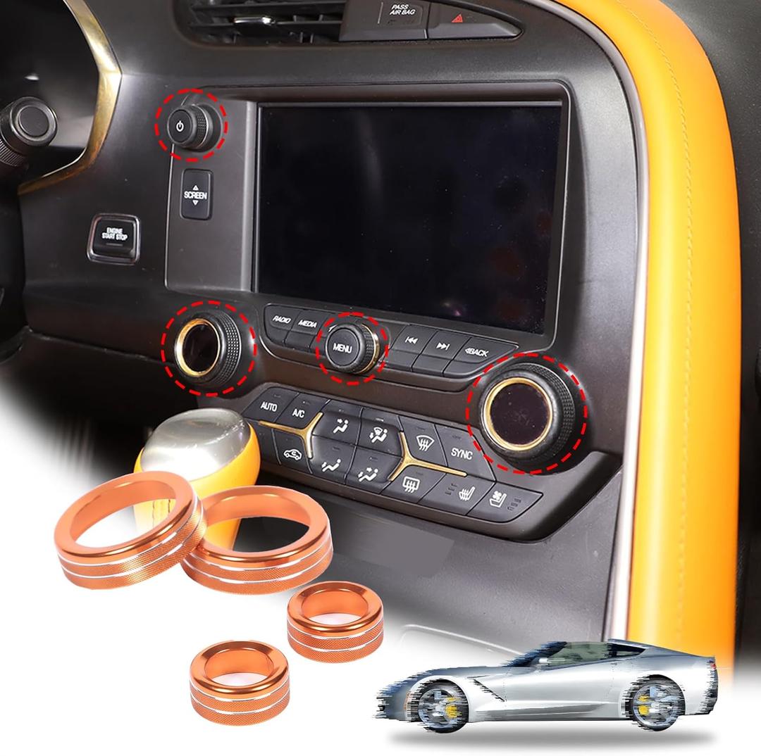 LLKUANG Central Console AC Volume Knob Button Switch Cover Trim Fit for Chevrolet Corvette C7 2014-2019 Aluminum Alloy Air Conditioner Knob Adjustment Cover-4pcs (Orange)