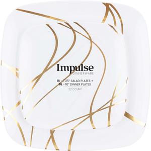 PLASTICPRO Square 32 Piece Combo Plates Set includes 16 x 7.25'' inch Salad Plates & 16 x 10'' inch Dinner Plates White Plastic with Gold Impulse Design Party Plates, Elegant, Tableware
