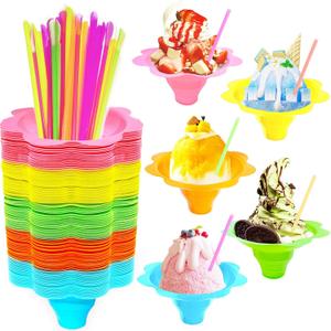200Pcs 4oz Colorful Snow Cone Cups with Spoon Straws, Plastic Reusable Flower Shaved Ice Drip Cups Snack Ice Cream Bowls for Kids, Birthday Party, Holiday, Summer