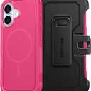 FNTCASE for iPhone 16 Magnetic Case: Dual Layer Shockproof Protective Cell Phone Cover with Rugged Belt-Clip Holster | Heavy Duty Military Grade Drop Protection Non Slip Textured Phonecase Hot Pink