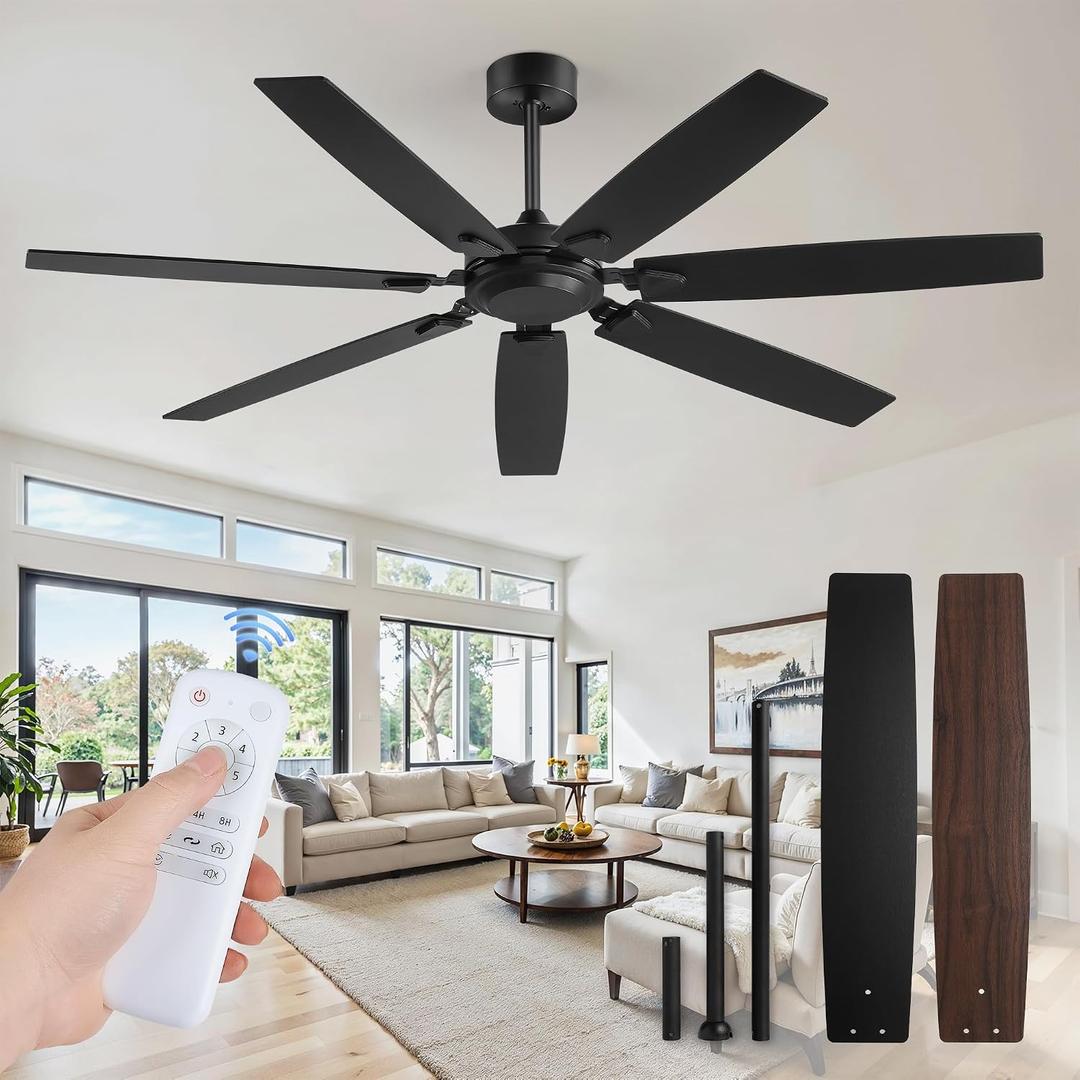 62 Inch Ceiling Fan No Light with Remote Control, Black Ceiling Fans Without Light With 6-Speeds Quiet Reversible DC Motor, Indoor/Outdoor Ceiling Fan with Dual Finish 7 Blades for Patio Living Room