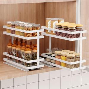2 Pack Pull Out Spice Rack Organizer for Cabinet, 2 Tier Metal Slide Out Seasoning Organizer and Storage Heavy Duty Vertical Spice Rack Shelf Pullout for Kitchen Cabinets No Drilling (White)