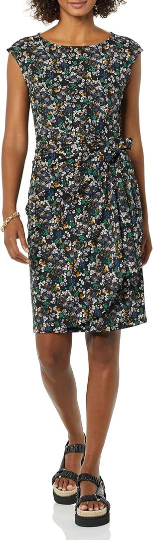 Amazon Essentials Women's Cap Sleeve Boat-Neck Faux Wrap Dress (Large, Black Ditsy Floral)