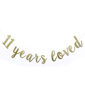 11 Years Loved Banner Sign Gold Glitter for 11th Birthday Party Decorations Anniversary Decor Pre-assembled Bunting Photo Booth Props