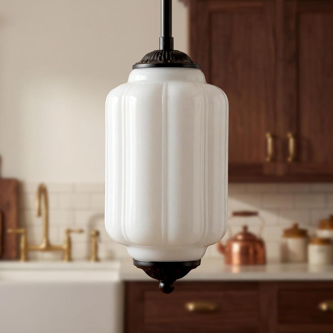 Farmhouse Pumpkin Pendant Light Vintage Milk Glass Shade, Brass Color Adjustable Canopy, Retro Industrial Glass Ceiling Light Fixture for Dining Room, EntrywayKitchen Island (Black White)