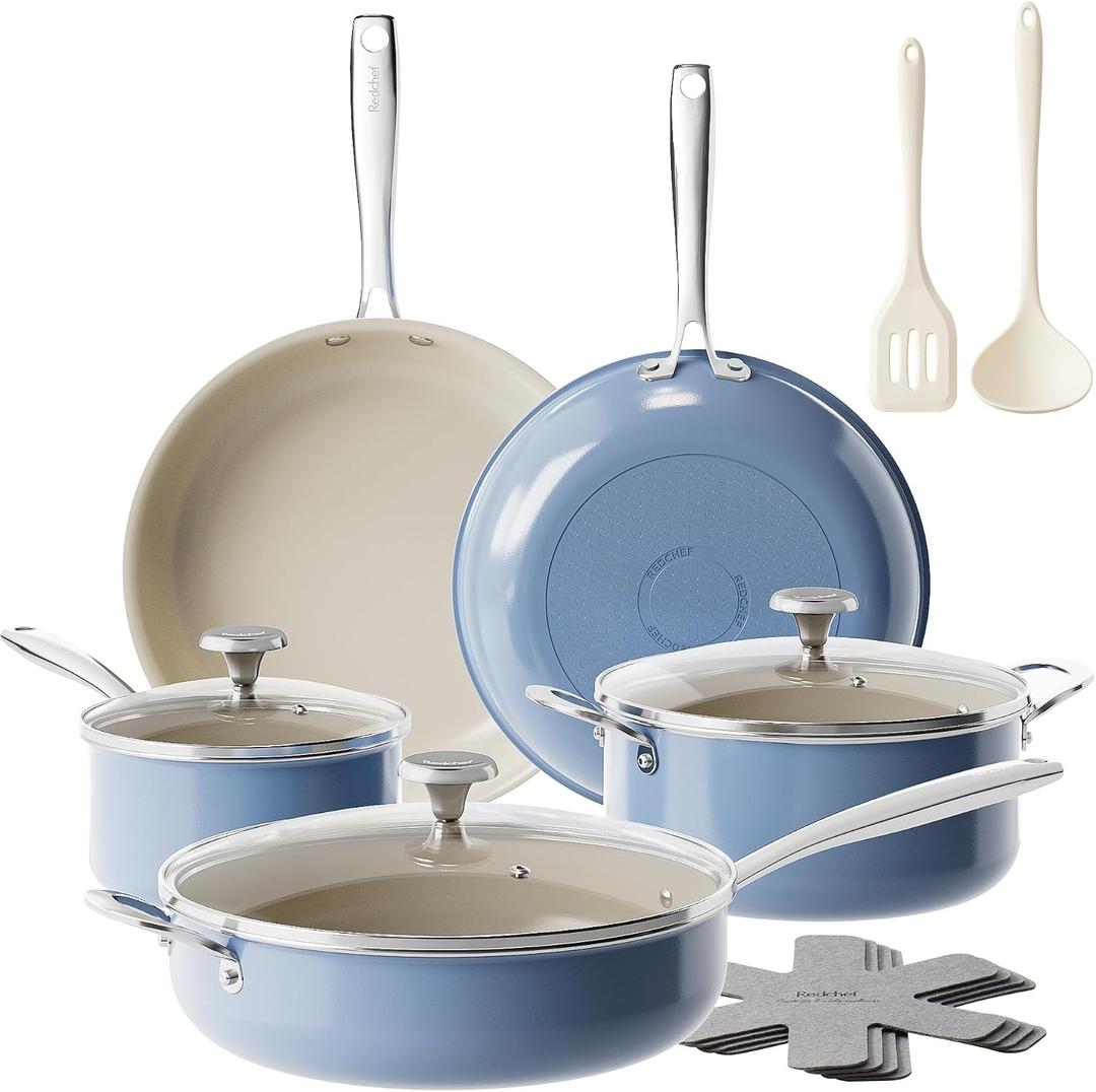 Redchef Ceramic Nonstick Cookware Set,14pcs Pots and Pans Set Non Stick,Induction Cookware with Stainless Steel Handle,Non Toxic Kitchen Cooking Set,Dishwasher & Oven Safe,PFAS PFOA & PTFE FreeBlue