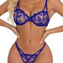 Lilosy Sexy Underwire Cute Push Up Strappy Embroidered Mesh Sheer Lingerie Set See Through Panty Bra (Small, Royal Blue)