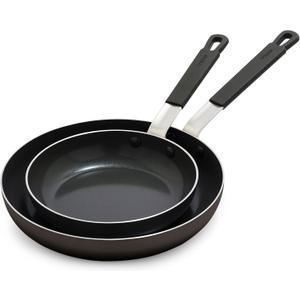GreenPan x Bobby Flay 2 Piece- 8 and 10 Nonstick Frying Pan Skillet Set, PFAS-Free Diamond Ceramic, Induction Suitable, Stay-Cool Silicone Handle, Easy Clean Dishwasher & Oven Safe, Black