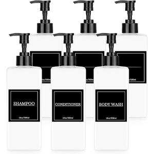 Tanlade 6 Pcs Shampoo and Conditioner Dispenser Bottles 16oz Modern Shower Soap Bottles with Pump, Labels and Marker Pen Easy to Refill Body Wash Dispensers for Home Bathroom Decoration (White)