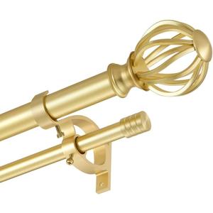 Brass Double Curtain Rods 36-72 Inch, Double Curtain Rods with Round Cage & Barrel Finials, 1-Inch Front and 5/8 Inch Back Double Drapery Rod, Telescoping Double Curtain Rod for Window