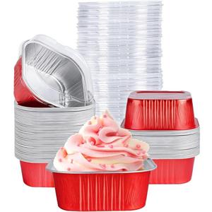 40 Pack Mini Cake Pans with Lids, 5oz Square Aluminum Foil Brownie Baking Cups, Muffin Tin Ramekins, Disposable Dessert Cupcake Cups for Wedding Birthday Party, Rad (Red)