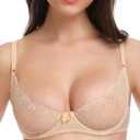 Wingslove Women's Sexy 1/2 Cup Lace Bra Balconette Mesh Underwired Demi Shelf Bra Unlined See Through Bralette (38D, Beige)