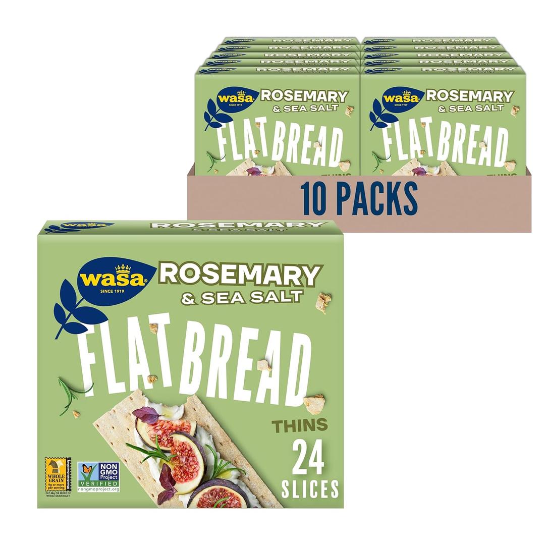 Wasa Rosemary & Sea Salt Flatbread Thins, 6.7 oz (Pack of 10), Crackers, Non-GMO Ingredients