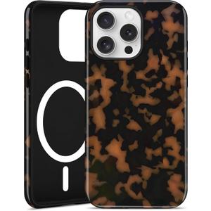 Jusy Compatible with MagSafe Brown Tortoise Shell Print Phone Case for iPhone 15 Pro Max, Amber Trendy Luxury Magnetic Soft TPU and Hard PC Protective Phone Cover for Women Girls - Yellow