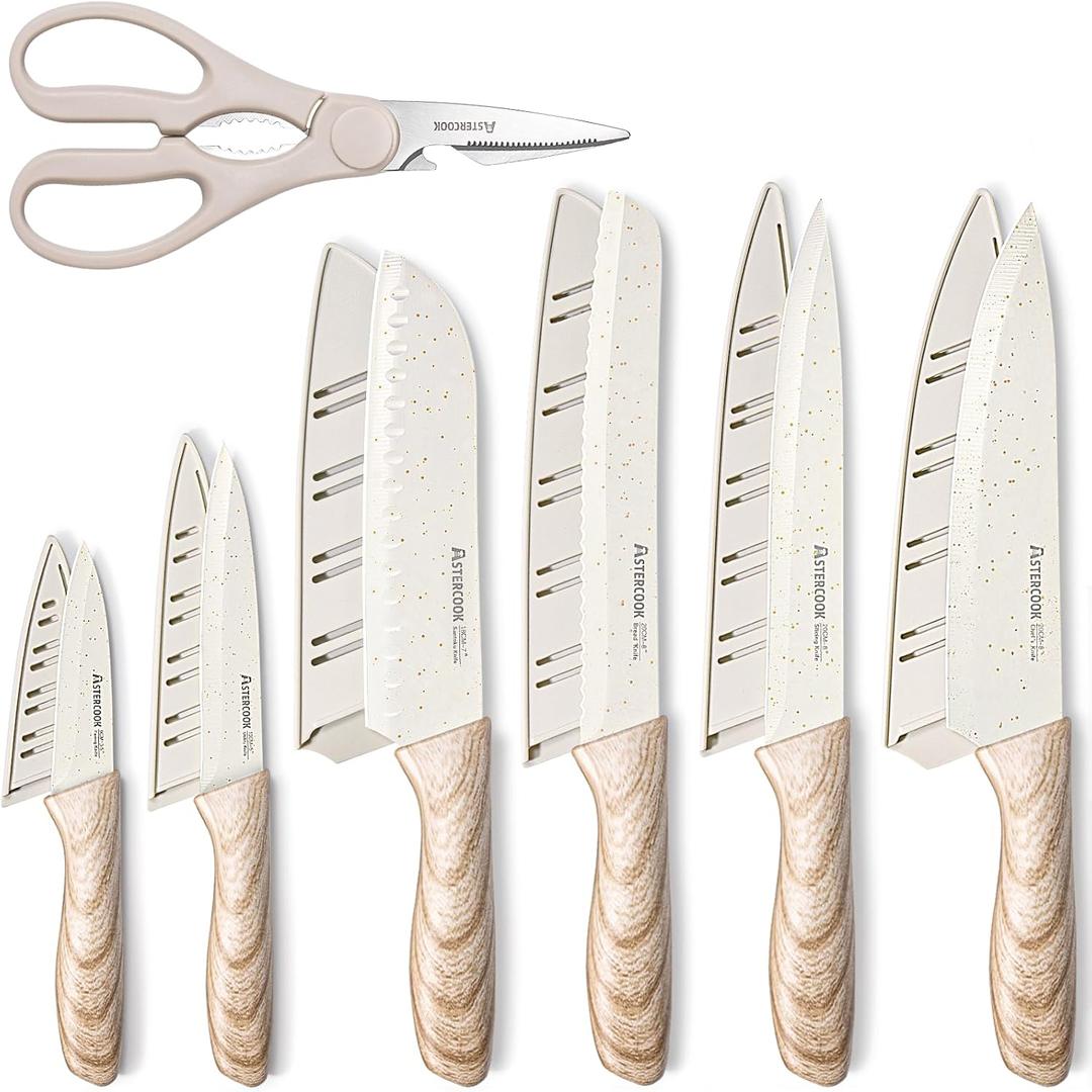 Astercook Knife Set, 13 Pieces Kitchen Knives Set with Ceramic Coating, Stainless Steel Chef Knife Sets with 6 Blade Guards, Dishwasher Safe Knives with Wooden Handle, White Mothers Day Gifts