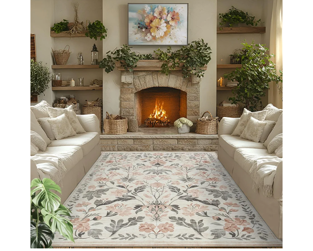 6x9 Area Rugs Washable Rug: Lagre Boho Living Room Rug Soft Anti-Skid Thin Carpet Indoor Floor Non-Shedding Neutral Floral Carpets for Bedroom Dining Room Farmhouse Nursery