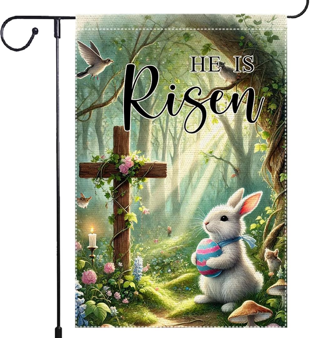 Christian He is Risen Easter Eggs Small 12x18 inch Double Sided Decorative Garden Flag, Religious Cross Flower Floral Yard Lawn Outside Decor Spring Farmhouse Burlap Outdoor Home Decoration (RMQ-112)