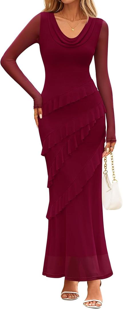 MEROKEETY Women's Fall Cowl Neck Mesh Maxi Dress Ruffle Wedding Guest Dress (Red, S)