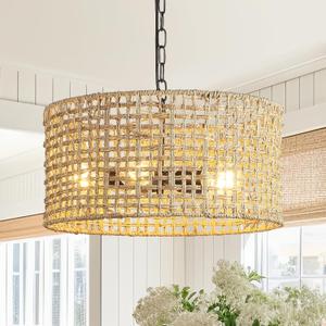 17.7" Rattan Dining Room Light fixtures, 5-Light Hand Woven Pendant Lights Kitchen Island Rattan Boho Chandelier Bohemian Hanging Ceiling Lights Wicker Lighting for Restaurants Living Room, Large