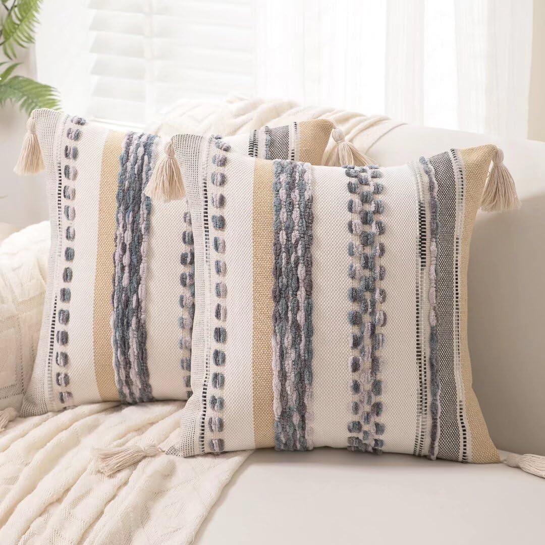 Boho Throw Pillow Covers 18x18 Set of 2 Woven Tufted Farmhouse Pillows Cover with Tassels Textured Striped Cushion Case Neutral Pillow Cases Decorative Pillowcase for Sofa Couch Bed,Grey