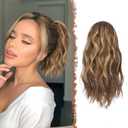 FESHFEN Ponytail Extensions, Drawstring Ponytails Hair Extension Golden Brown Mix Blonde Short Curly Wavy Hair Piece Synthetic Pony Tail Hairpieces for Women, 12 inch (12"-22H10# Golden Brown Mix Blonde)