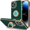 Hython for iPhone 14 Pro Case with Ring Stand [360 Rotatable Ring Holder Magnetic Kickstand] [Support Car Mount] Plated Gold Edge Soft TPU Luxury Protective Phone Case Cover, Midnight Green