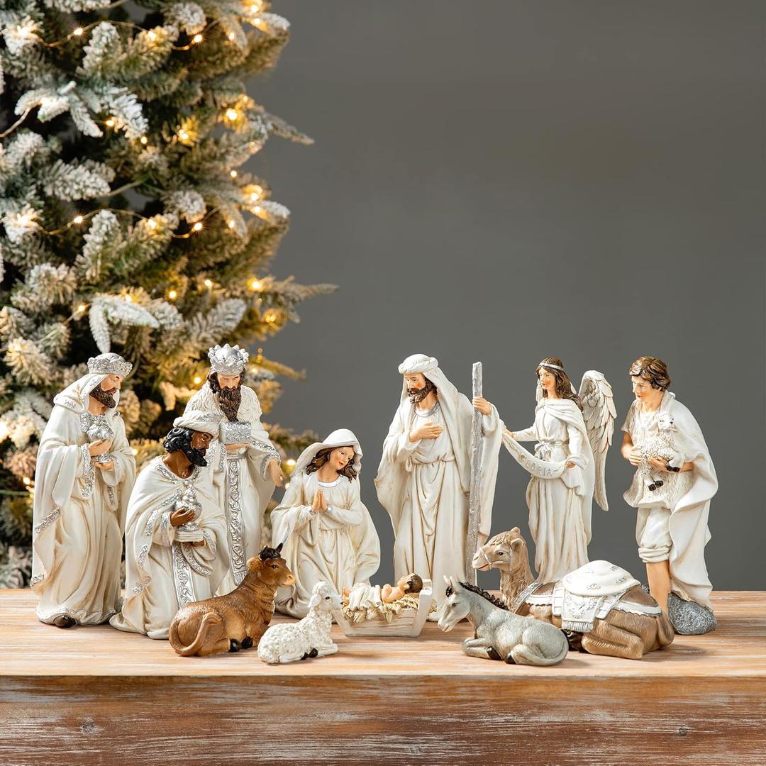 Glitzhome 12Pcs Ivory Resin Nativity Figurines Set Christmas Nativity Sets Tabletop Scenes Ornaments Xmas Nativity Collectible Figurines Indoor Decor Miniatures Statues Figures10.00" x 26.00"