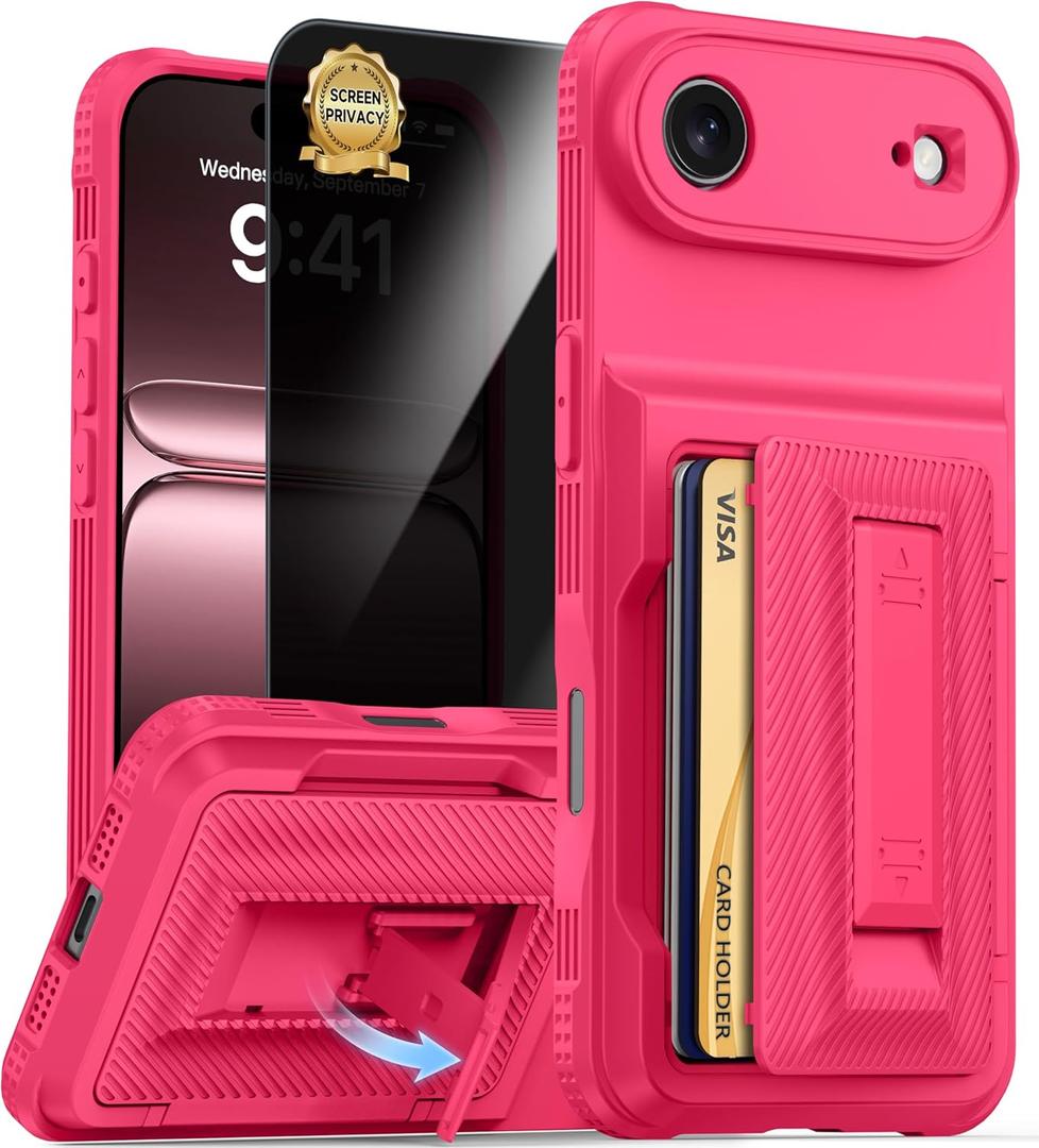 for iPhone Air Case Wallet with Card Holder (4-5Cards) +1 Privacy Screen Protector,[RFID Blocking][Kickstand][Military Drop Protection] Full Camera Protection Wallet Case for iPhone 17 Air (Hot Pink-Air)