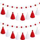 Syhood 4 Pcs Easter Pom Pom Tassel Garland Felt Pompom Ball Banner Tassel Garland for Hanging Decorations Easter Party Supplies Home Decor(Red White Color)