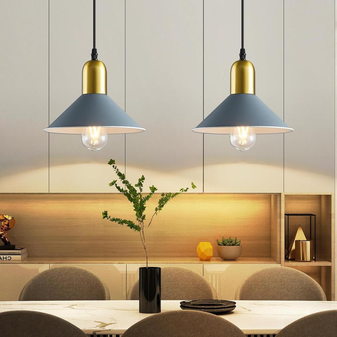 Nordic Macaron Pendant Light Modern Cone Pendant Lighting Minimalist Metal Gray Pendant Light Fixture for Kitchen Island Dining Room Bedroom Hallway(2-Pack)