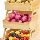 Wood Potato Onion Storage Bin, Stackable Pantry Organizer, Open Front Kitchen Produce Storage with Anti-slip Mat, 3 Tier Countertop Snack Food Container for Fruit Vegetable Bread, Set of 3