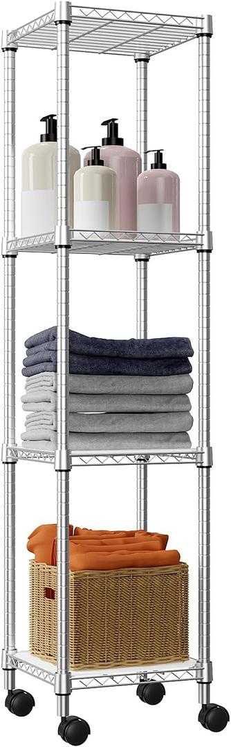 Storage Shelves Adjustable, 4 Tier Shelving Units for Storage with Wheels, Corrosion Resistant Wire Shelving Unit for Kitchen Closet Bathroom Office, Chrome 11.8" D x 11.8" W x 48.1" H (4 tier 11.8" D x 11.8" W x 48.1" H)