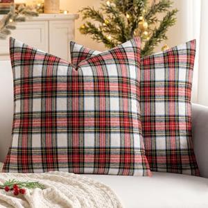 MIULEE Christmas Set of 2 Scottish Tartan Plaid Throw Pillow Covers Farmhouse Classic Decorative Outdoor Square Cushion Cases for Home Decor Sofa Couch 20x20 Inch, Red and White