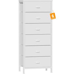 Furnulem White Tall Dresser for Bedroom,Vertical Storage Tower Unit and End Table with 6 Fabric Drawers, Nightstand Furniture with Drawer Organizer in Living Room,Closet,Entryway,Hallyway, 11.5"D x 16"W x 39.6"H