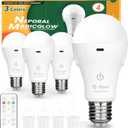 Neporal MagicGlow Rechargeable Light Bulbs with Remote, 3 Colors Shift + Stepless Dimmable Battery Powered LED Bulbs, USB Rechargeable, A19 Emergency LED Light Bulbs, 15W, Up to 24 Hours (4 Packs-E26/E27, 3000-4000-6000k)