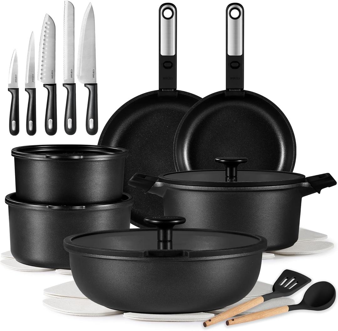 CAROTE 25pcs Pots and Pans Set Non Stick, Cookware Sets, Kitchen Set, Oven/Dishwasher/Fridge Safe, Space Saving Pots Set, Nonstick Set with Versatile Detachable Handle with Knife Set, Jet Black
