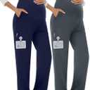 2 Pack Women's Maternity Scrubs Pants with 6 Pockets Pregnancy Workwear Stretchy Straight Leg Cargo Trousers (Large, Dark Grey, Navy Blue)