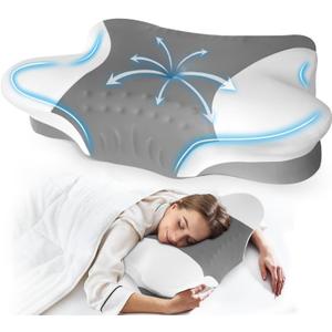 Queen Size Cervical Pillow for Neck Pain,Cooling Butterfly Pillow for Side Sleepers Adjustable Orthopedic Contour Memory Foam Pillow with Breathable Pillowcase,Dark Gray