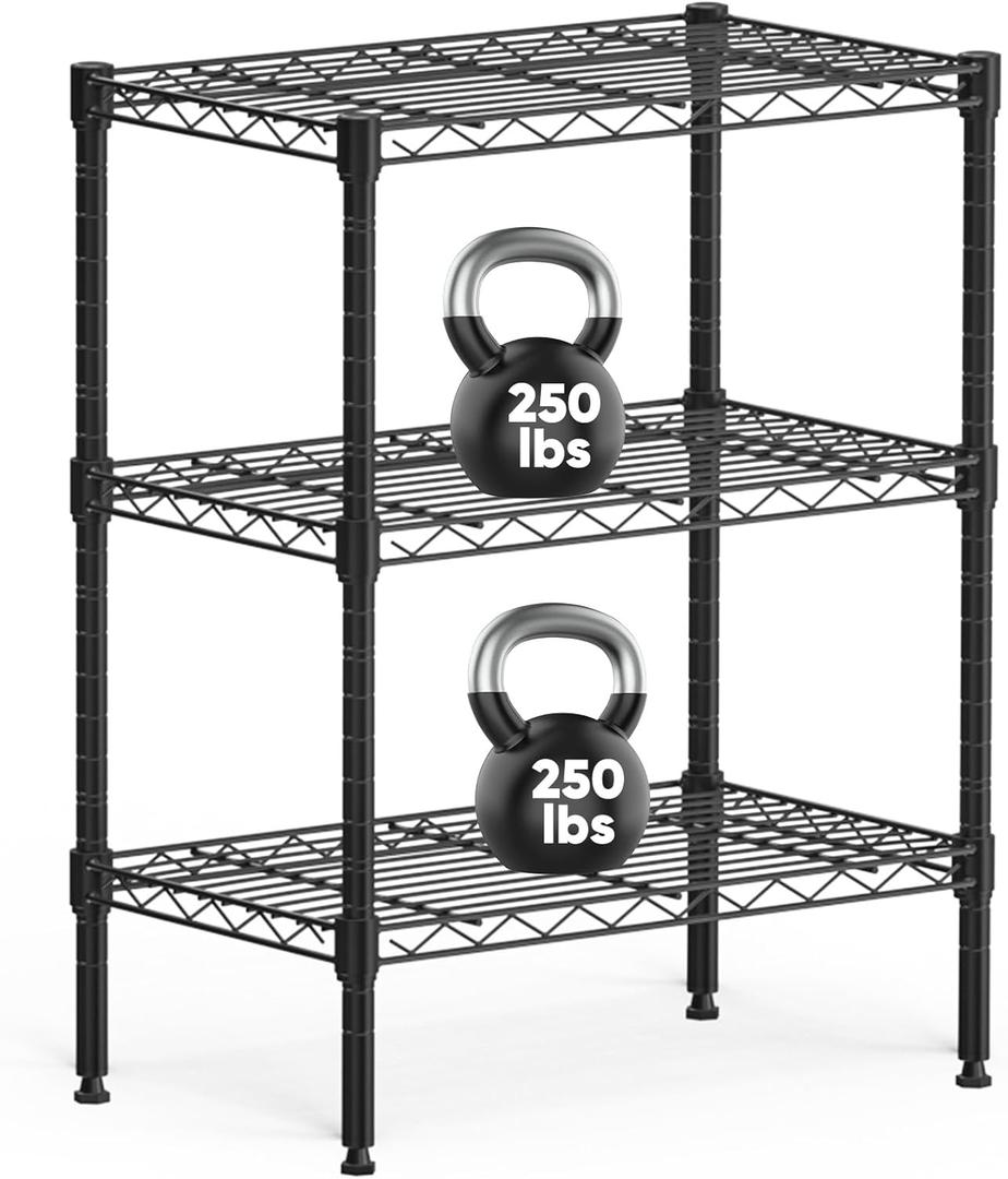 Sweetcrispy 3-Tier Storage Shelving Unit, Adjustable Metal Wire Racks Heavy Duty Standing Shelf Organizer for Kitchen, Closet, Pantry, Garage, Bathroom, Laundry (13.8" D x 23.6" W x 30" H) (Black)