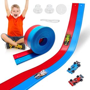 Flexible Race Track Toys for Kids, 15 Ft Double Lane Racetrack with 4 Cars & Suction Cups, Compatible with Hot Wheels & 1/64 Diecast Cars, Portable Roll Up Car Ramp Track Set for Ages 3+(Red & Blue), Large